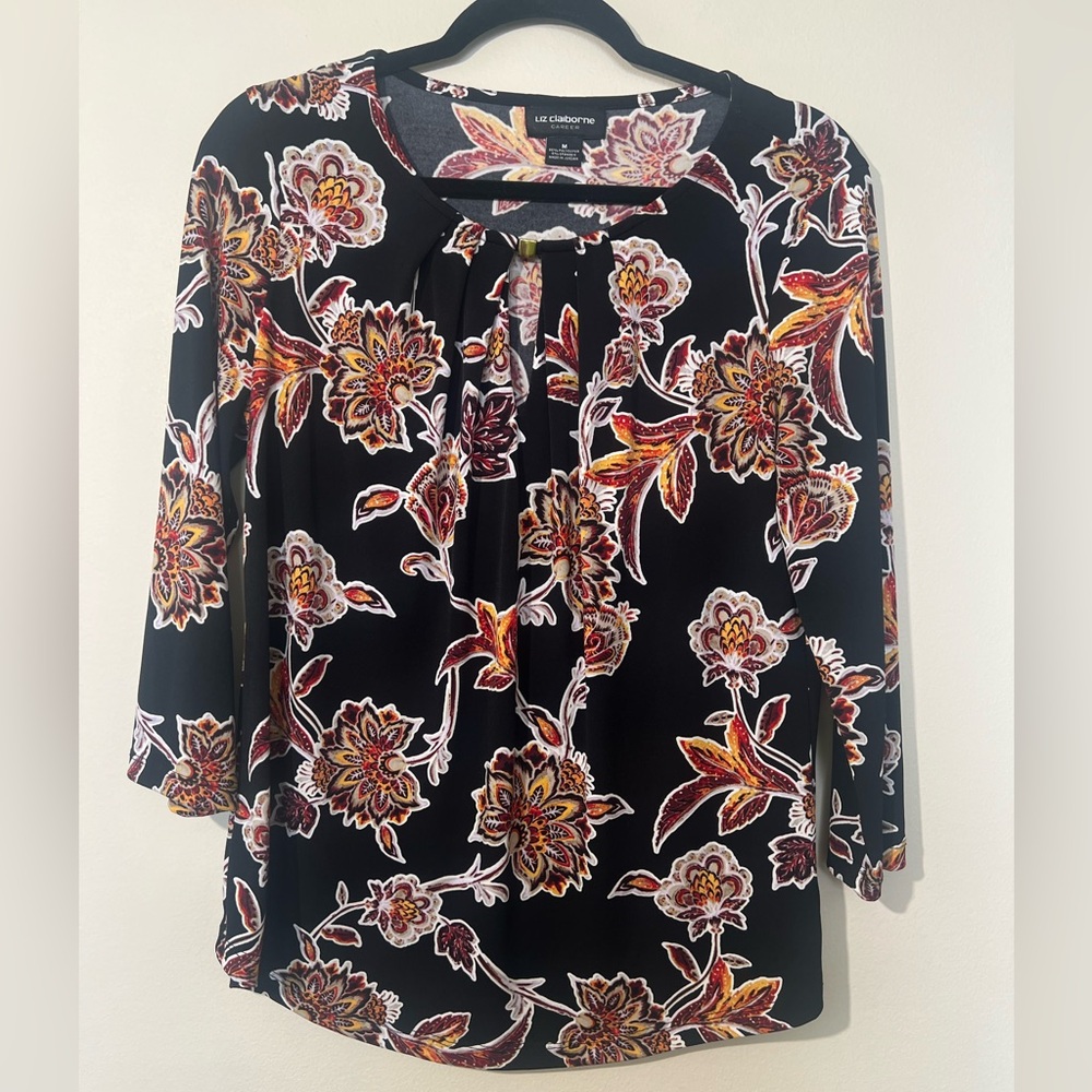 Liz Claiborne Career‎ top women’s M business casual slinky keyhole floral black